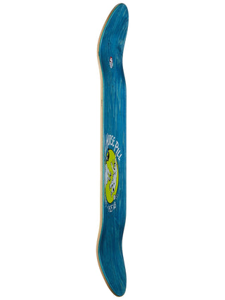 Blue skateboard deck with a logo on a white background