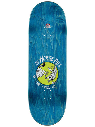Blue skateboard deck with a graphic design and text on a white background
