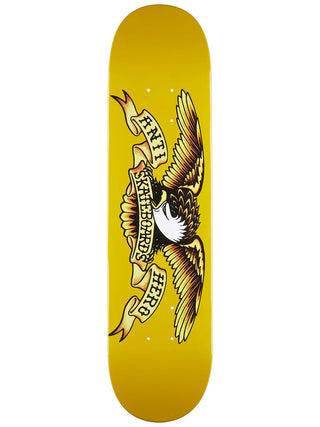 Yellow skateboard deck with an eagle and text design on a white background