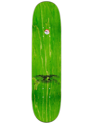 Green skateboard deck with a logo on a white background