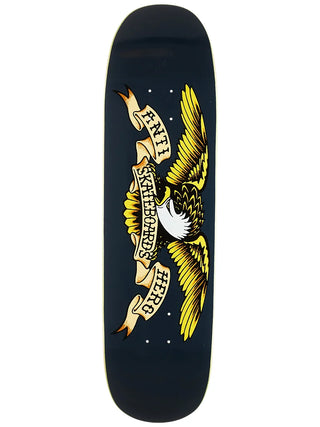 Skateboard deck with eagle design and text on a black background