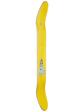 Yellow curved tool with a logo on a white background