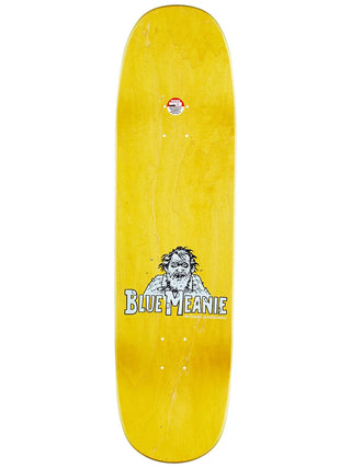 Yellow skateboard deck with a graphic of a bearded character and 'Blue Meanie' text on a white background