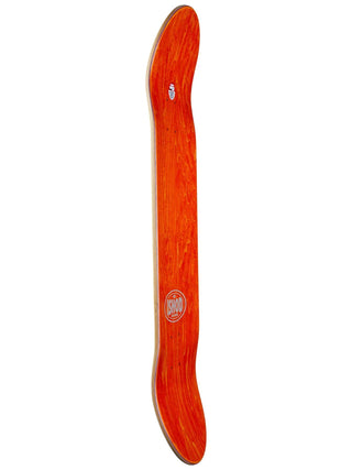 Wooden skateboard deck with a visible brand logo on a white background