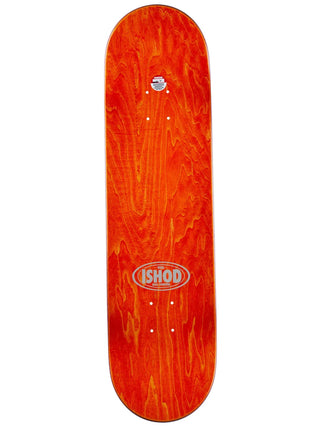 Orange skateboard deck with 'ISHOD' logo on a white background