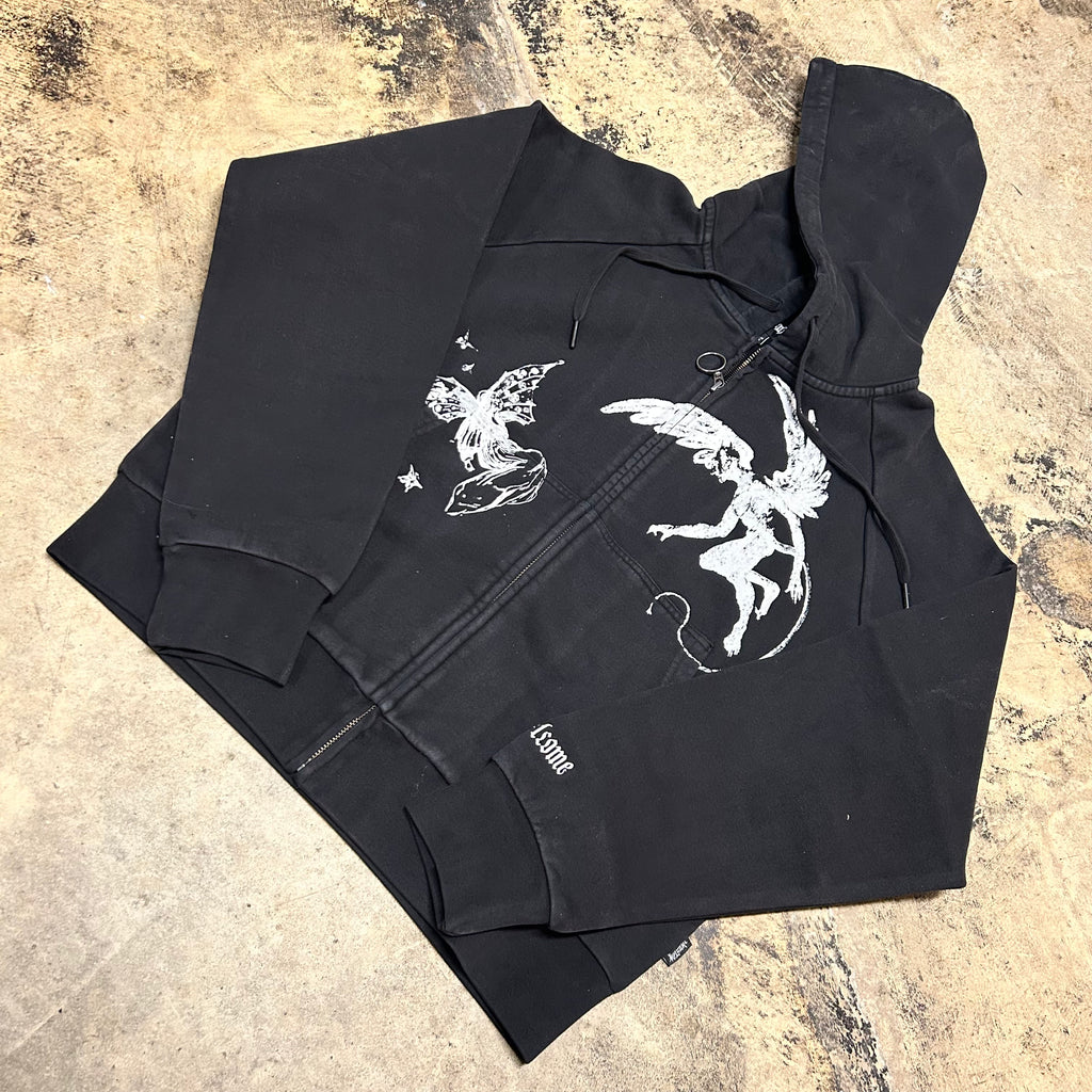 WELCOME DUALITY CROPPED ZIP HOODIE (BLACK) – 3rd Lair