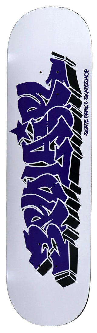 A white skateboard deck featuring a large, stylized graffiti-style graphic in purple and black, with the brand name 'Skateaway' printed vertically on the right side.