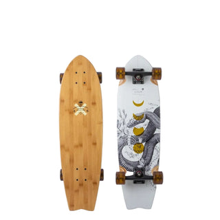 Two skateboards, one wooden and one with a white design, on a light gray background