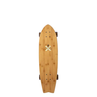 Wooden skateboard with a logo on a light gray background