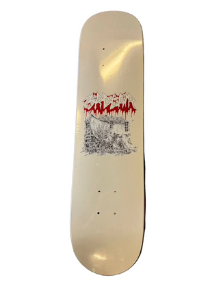 Skateboard deck with a graphic design on a blue surface