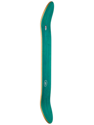 Green skateboard deck with a logo on a white background