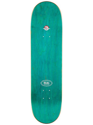 Green skateboard deck with a brand logo on a white background