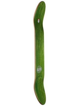Green skateboard deck with a visible brand logo on a white background