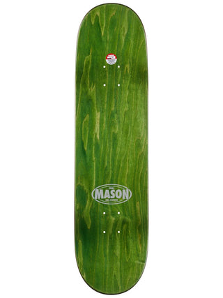 Green skateboard deck with a visible brand logo on a white background
