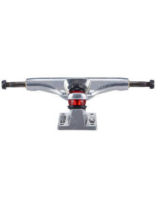 Chrome skateboard truck with red center on a white background