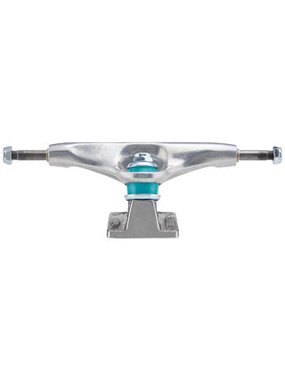 Skateboard truck with silver metal and blue bushings on a white background