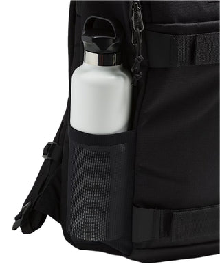 The Obstacle Skatepack is a skate backpack featuring one large main compartment with anti-odor treatment, ergonomically-designed padded shoulder straps, a waffle mesh back panel, and stretch mesh water bottle pockets