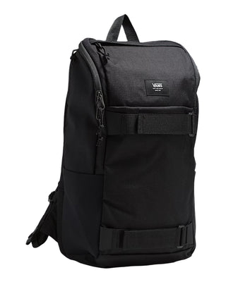 The Obstacle Skatepack is a skate backpack featuring one large main compartment with anti-odor treatment, ergonomically-designed padded shoulder straps, a waffle mesh back panel, and stretch mesh water bottle pockets