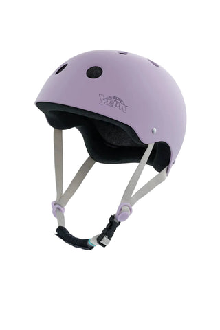 Purple helmet with a brand logo on a white background