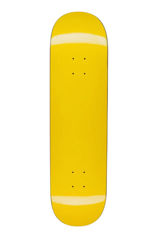 A bright yellow skateboard deck shown vertically against a light gray background.