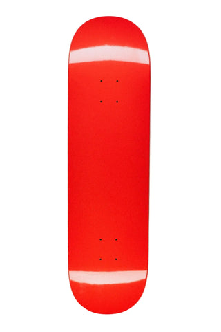 A bright red skateboard deck shown vertically against a light gray background.